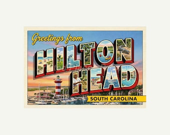 Hilton Head South Carolina Postcard, Retro Greetings From Wall Art Print, Vintage Printable Decor, Digital Download Gift