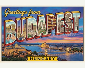 Budapest Hungary Postcard, Retro Greetings From Wall Art Print, Vintage Printable Decor, Digital Download Gift
