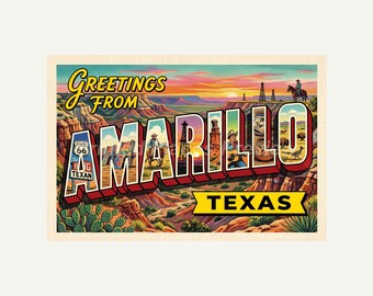 Amarillo Texas Postcard, Retro Greetings From Wall Art Print, Vintage Printable Decor, Digital Download Gift