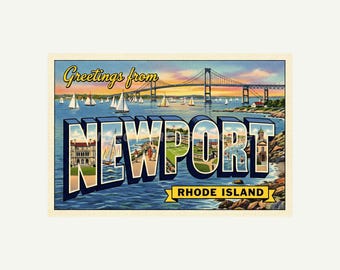 Newport Rhode Island Postcard, Retro Greetings From Wall Art Print, Vintage Printable Decor, Digital Download Gift