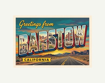 Barstow California Postcard, Retro Greetings From Wall Art Print, Vintage Printable Decor, Digital Download Gift