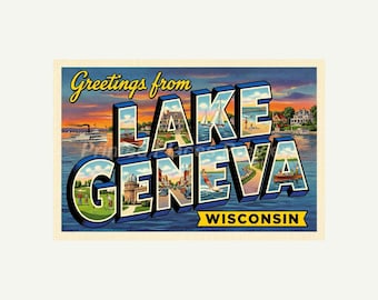 Lake Geneva Wisconsin Postcard, Retro Greetings From Wall Art Print, Vintage Printable Decor, Digital Download Gift