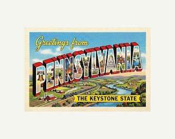 Pennsylvania Greetings From Style, Retro Mid-Century Travel Gift Wall Art, Printable Postcard Digital Image Download