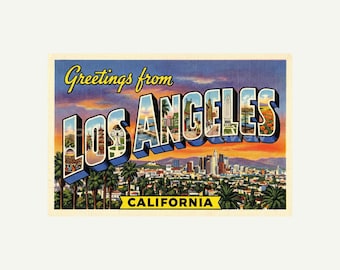 Postal de Los Ángeles, California, impresión retro de saludos desde la pared, decoración vintage imprimible, regalo de descarga digital