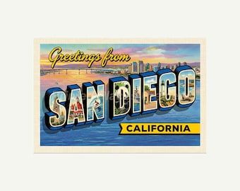 San Diego California Postcard Greetings From Style Retro Wall Art Print Printable Vintage Decor Gift Digital Image Download