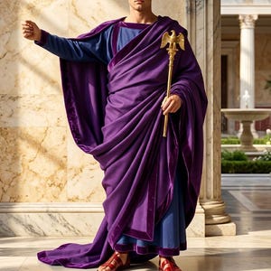 Peut inclure: Une personne vêtue d'une toge violette avec un bâton doré, dans un cadre classique. La toge a une bordure violet foncé et est drapée sur une tunique bleue. Le bâton est surmonté d'un aigle doré.