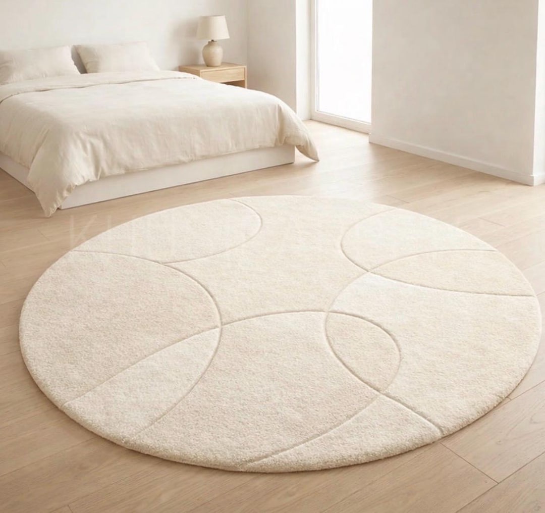 Hand Tufted Round New Zealand Wool Rug 6x6 Cream Abstract Modern Area ...
