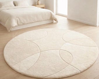 Hand Tufted Round New Zealand Wool Rug 6x6 Cream Abstract Modern Area Rug Soft Plush Cut Pile Carpet Minimalist Bedroom Living Room Neutral