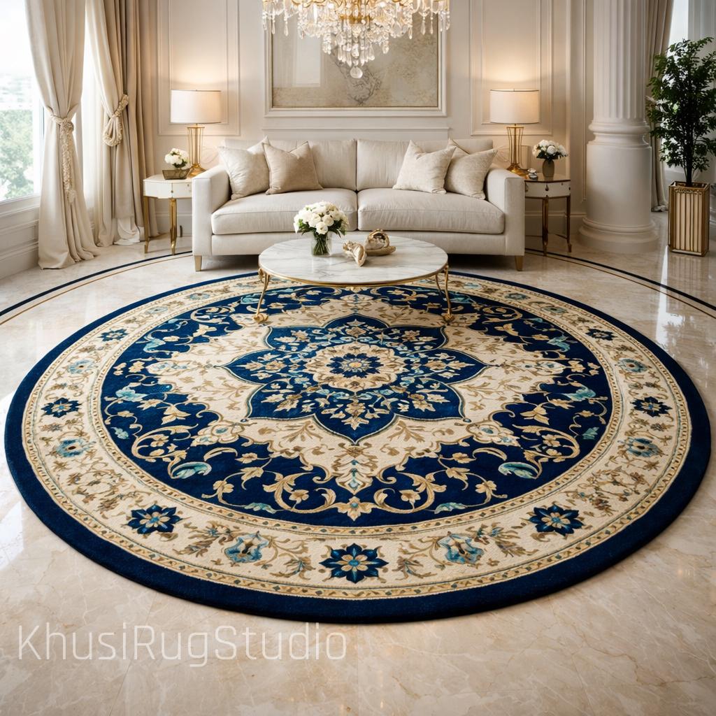 Large Round Rug 8x8 10f Handmade Wool Round Rug Blue Ivory Vintage ...