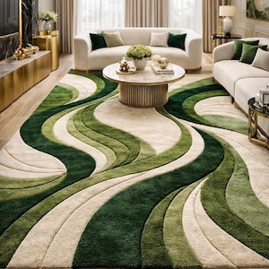 Modern Green Abstract Rectangular Rug HandTufted Wool Area Rug Wavy Wave Design Contemporary Carpet for Living Room Bedroom & Hallway Rug