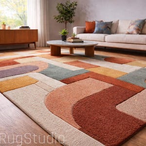 Hand Tufted Wool Rug, Mid Century Modern Area Rug, Geometric Wave Rug, Olive Green Terracotta Rug, Handmade Living Room Carpet