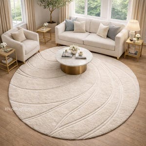 Handmade ivory rug with carved line pattern premium wool texture