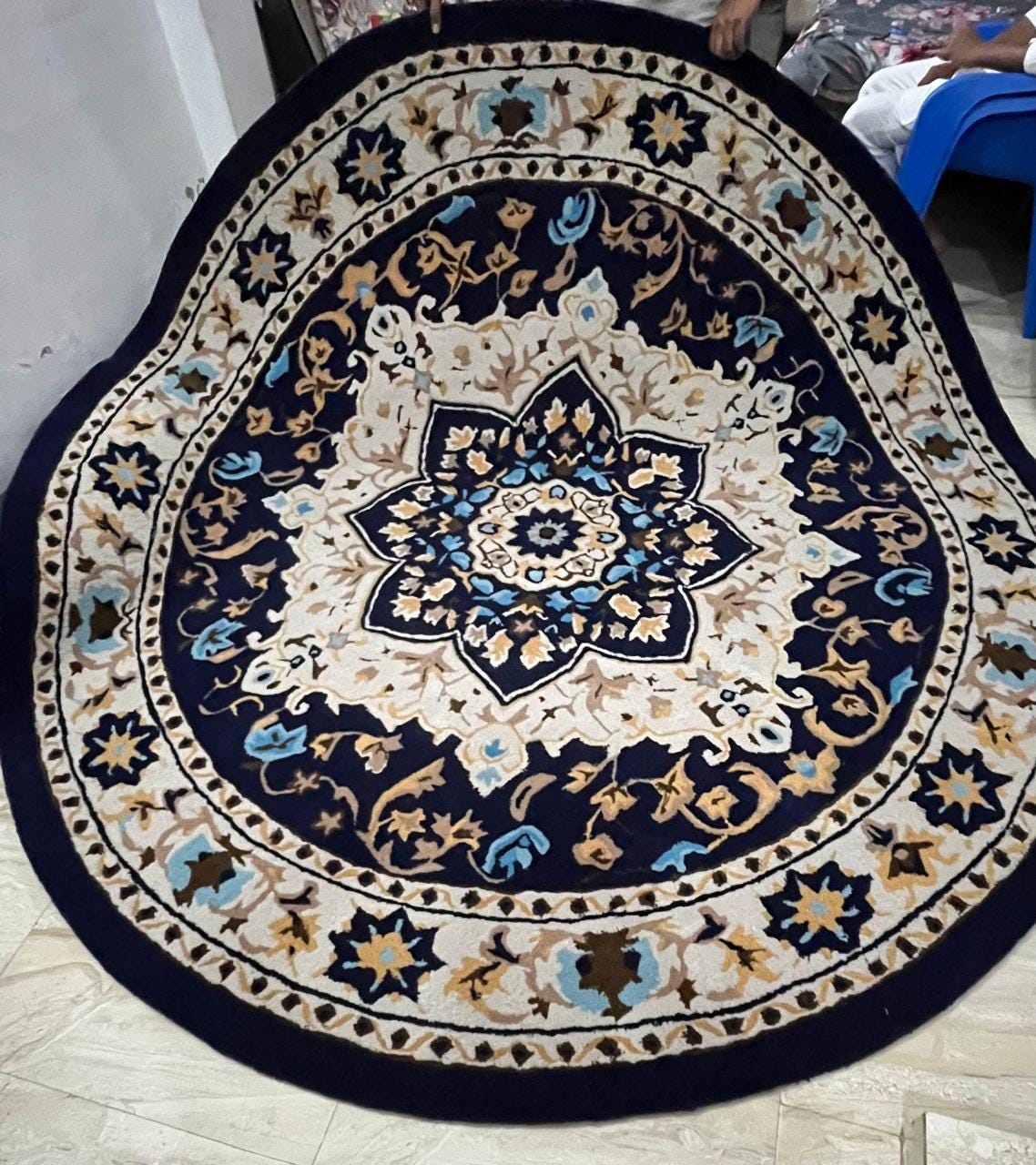Large Round Rug 8x8 10f Handmade Wool Round Rug Blue Ivory Vintage ...