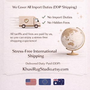 Handmade rug international shipping banner no tariffs no import duties DDP shipping KhusiRugStudio worldwide delivery USA Europe Australia free duty rug shipping