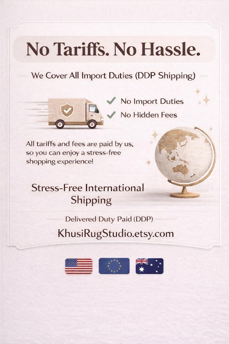 Handmade rug international shipping banner no tariffs no import duties DDP shipping KhusiRugStudio worldwide delivery USA Europe Australia free duty rug shipping