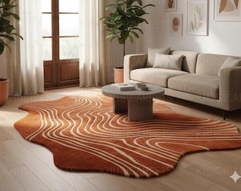 Alfombra de lana irregular tejida a mano, abstracta, moderna y orgánica, escandinava, para sala de estar, con un toque personalizado.
