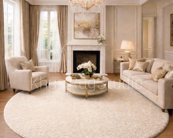 Tapis rond en laine de Nouvelle-Zélande tufté à la main | Tapis de luxe à poils coupés | Tapis moelleux en laine à poils longs pour salon ou chambre