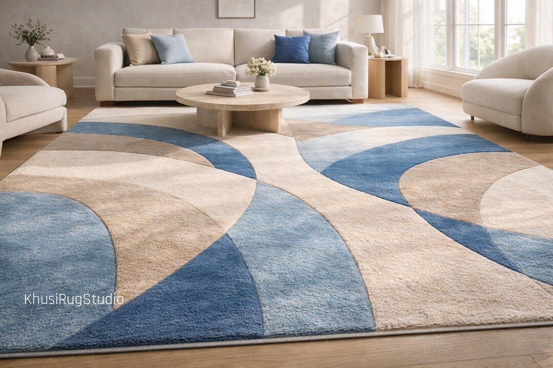 Hand Tufted Wool Rug Rectangle, Abstract Wave Pattern Rug Blue Beige ...