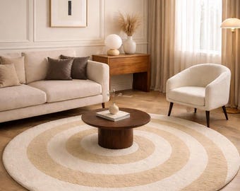 Handmade Tufted New Zealand Wool Round Rug Beige Cream Concentric Circle Area Rug, Modern Minimalist Living Room Carpet Luxury Cut Pile Rug