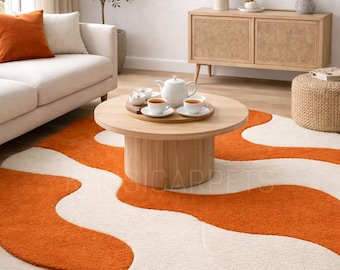 Handmade Abstract Wool Rug Orange & Ivory | Modern Wavy Cut Pile Area Rug | Luxury Soft Plush Living Room Carpet