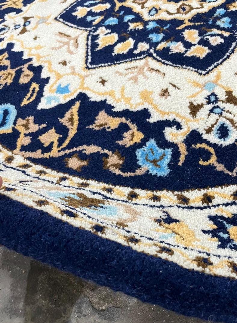 Large Round Rug 8x8 10f Handmade Wool Round Rug Blue Ivory Vintage ...
