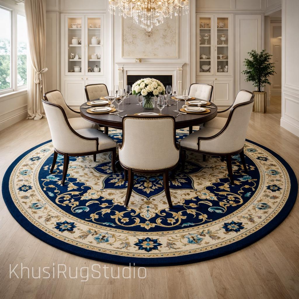 Large Round Rug 8x8 10f Handmade Wool Round Rug Blue Ivory Vintage ...
