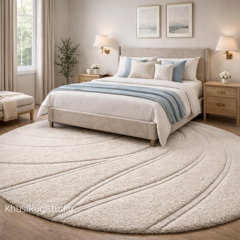 Round wool rug under coffee table modern luxury living room styling