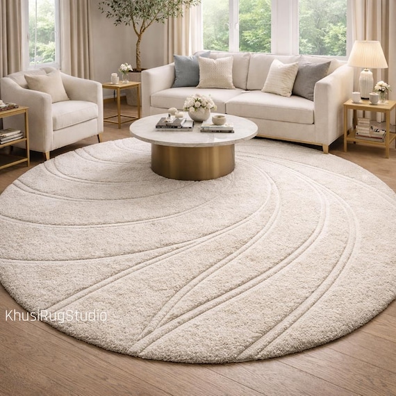 Hand Tufted Round Ivory Rug, 100% Wool Area Rug, Neutral Cream Circle Rug, Modern Scandinavian Minimalist Living Room Bedroom Rug