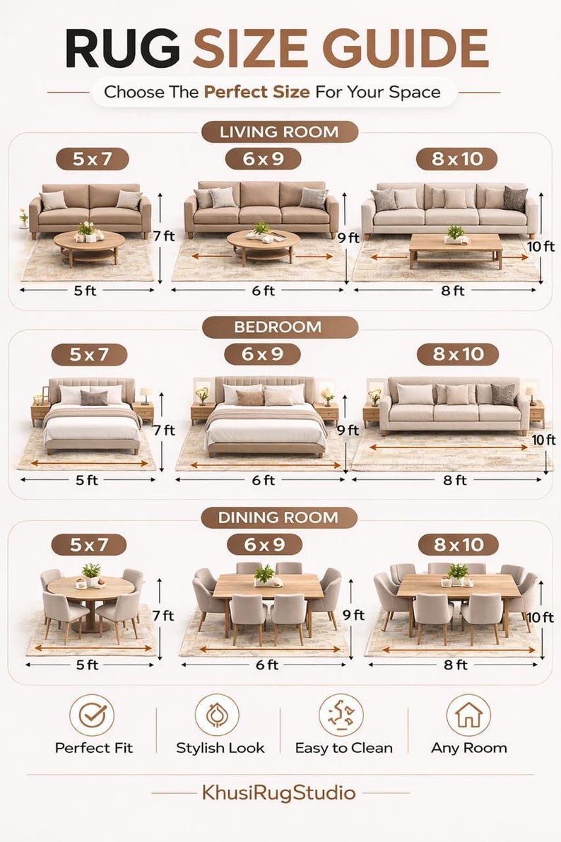 Rug size guide chart living room bedroom dining room rug sizes 5x7 6x9 8x10 modern area rug placement guide KhusiRugStudio home decor sizing chart