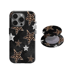 Luipaard en zilveren ster telefoonhoesje, Y2K esthetiek, zwarte sterpatroon telefoonhoes iPhone 17 16 15 14 13 12 Pro Max Samsung S25 S24 S22 Ultra