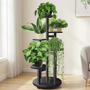 5 Tier Wooden Plant Stand Indoor with Wheels, Tall Corner Plant Shelf Rack, Pine Wood Multi Tier Flower Pot Holder for Living Room Balcony