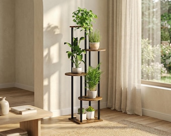 5 Tier Plant Stand Indoor, Tiered Plant Stand for Multiple Plants, Wood & Metal Corner Plant Shelf