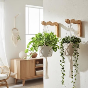 May include: Two hanging planters with green plants. The planters are suspended from wooden brackets on a white wall. The planters are light gray with macrame detailing and long tassels. A wicker chair and wooden cabinet are in the background.