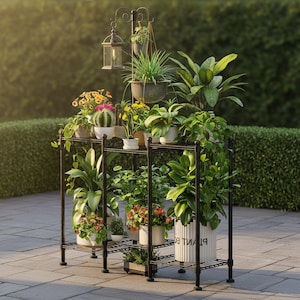 May include: Black metal plant stand with multiple shelves, holding various potted plants with green foliage and colorful flowers. A hanging lantern and additional hanging plants are also present. The stand is outdoors on a stone patio.
