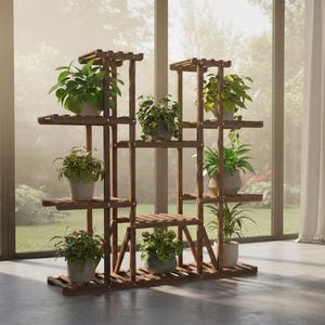 May include: A multi-tiered, dark brown wooden plant stand filled with various potted green plants. The stand has multiple shelves of different sizes and heights, creating a visually appealing display for indoor gardening. The stand is placed in front of a large window.