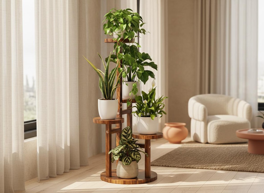 5-Tier Wooden Plant Stand, Tall Corner Display Shelf