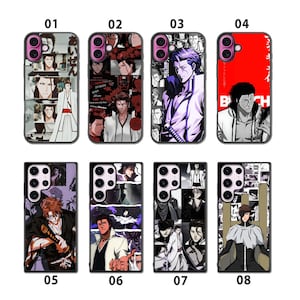 Op de afbeelding: Acht telefoonhoesjes met anime-personageontwerpen. De hoesjes tonen verschillende personages in verschillende poses en kleurenschema's. De hoesjes zijn genummerd van 01 tot 08 en zijn ontworpen voor verschillende telefoonmodellen.