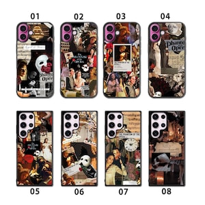 May include: Eight phone cases with a collage design featuring images from "The Phantom of the Opera." Each case has a different design, including masks, roses, and musical notes. The cases are black with various camera and button placements.