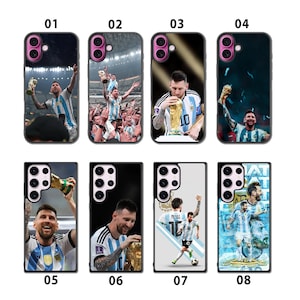 May include: A collection of phone cases featuring images of a soccer player in an Argentinian national team jersey. The cases display various action shots, including the player holding a trophy and celebrating a victory. The cases are black and white.