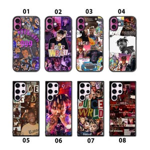 May include: A collection of eight phone cases with various designs. The cases feature images of a musician, collages, and text including "JUICE WRLD" and "999". The cases are in black and have different camera and button layouts.