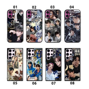 May include: Eight phone cases with various designs. The cases feature collages of images, including portraits of people, text, and decorative elements. The cases are in black and have different camera and button layouts.