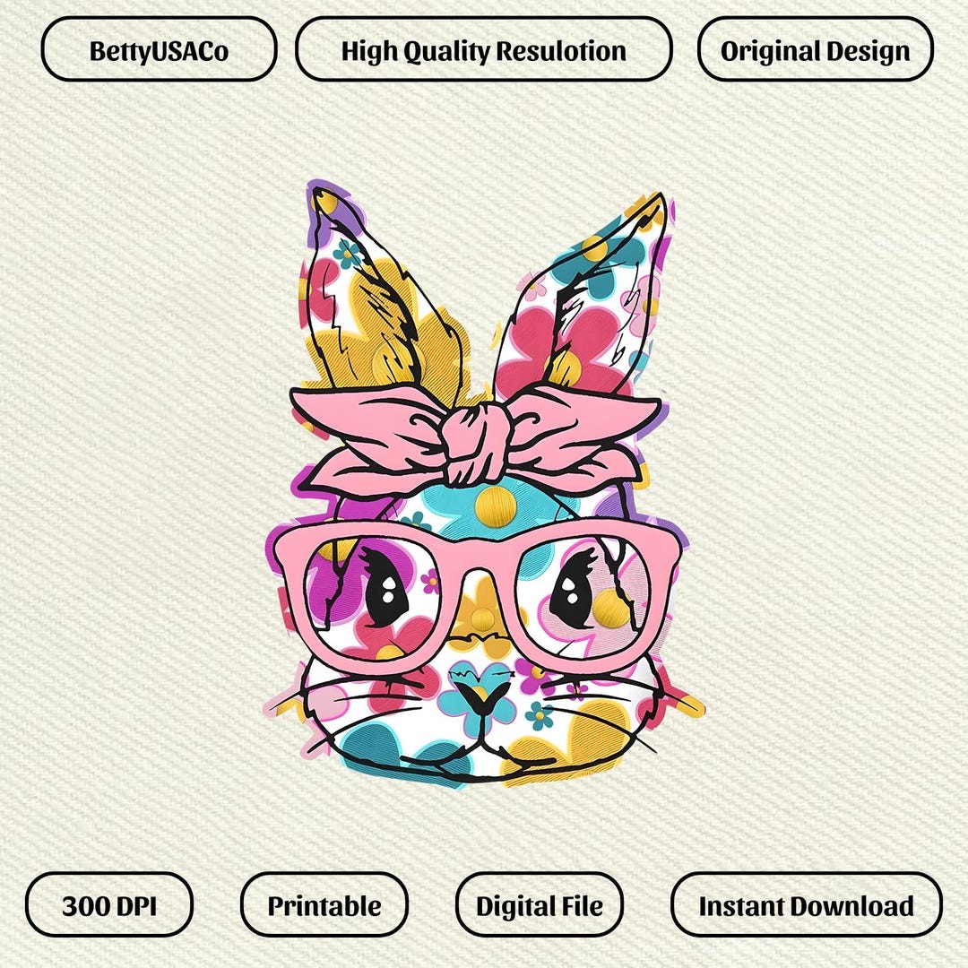 Cute Easter Bunny Png, Nerd Bunny With Glasses Png, Colorful Retro ...