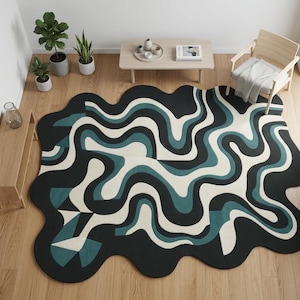 Wavy Abstract Rug Modern Hand Tufted Wool Carpet Green Black White Scalloped Edged Area Rug Luxury 5x8 6x9 8x10 9x12 10x14 Custom Size Rug