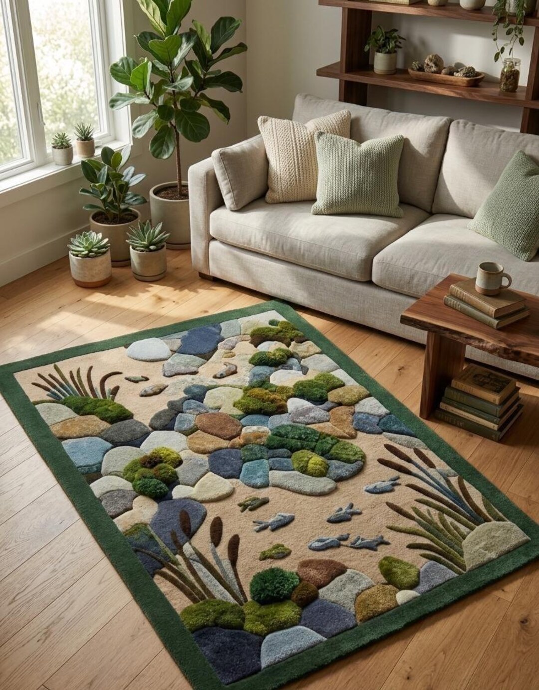 3D Moss Nature Area Rug Biophilic Hand Tufted Wool Green River Pebble ...
