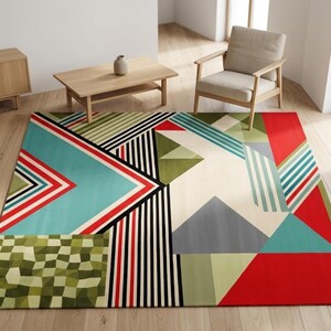 Abstract Geometric Area Rug Mid Century Modern Wool Carpet Large Colorful Hand Tufted Plush Rug for Living Room Custom Size 8x10 9x12 10x14