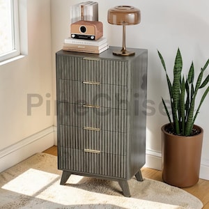 May include: A gray wooden dresser with four drawers and gold-colored handles. A small brown radio, books, and a lamp sit on top. A potted snake plant is next to the dresser, and the dresser is on a rug.