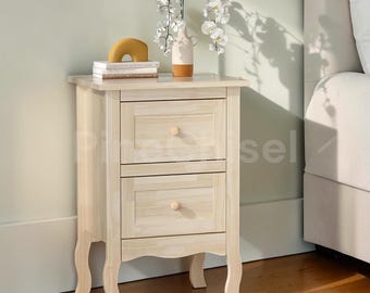 Unfinished Solid Wood Nightstand Set of 2  DIY Natural Bedside Table with Drawer  Light Wood Bedroom Furniture  Real Wooden