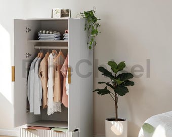 Fluted Wardrobe Armoire with Doors & Drawers  Oak Wood Closet Cabinet with Hanging Rack  Freestanding Bedroom Closet Organizer