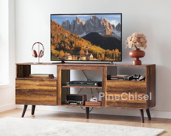 Mid Century Fireplace TV Stand | Electric Fireplace Entertainment Center | Media Console for 55 65" TV Living Room Bedroom Storage