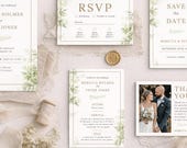 Wedding Invitation Suite Canva Template, Editable Botanical Wedding Set | Save the Date, RSVP, Details & Thank You Cards |  instant download